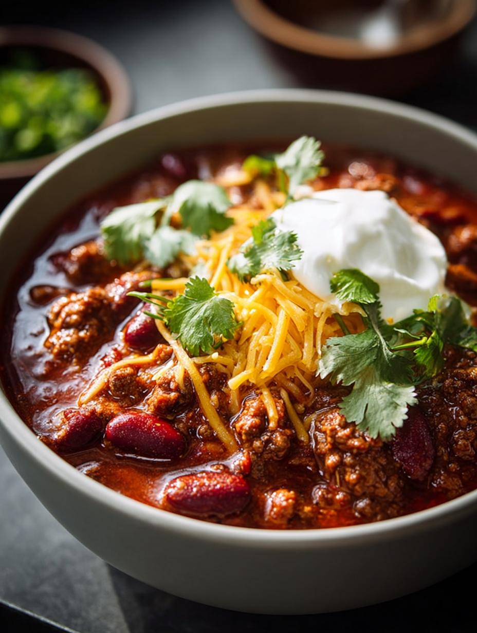 Delicious Chili Con Carne in a bowl with toppings, ready to eat, a perfect amazing dinner recipe