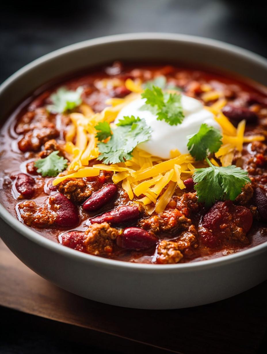 Hearty Chili Con Carne simmering in a pot, showcasing rich texture and color, an amazing dinner recipe