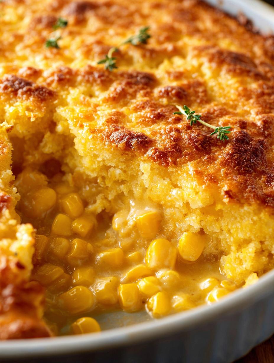 Deliciously golden brown Corn Casserole Side Dish in a baking dish, fresh from the oven, ready to serve.