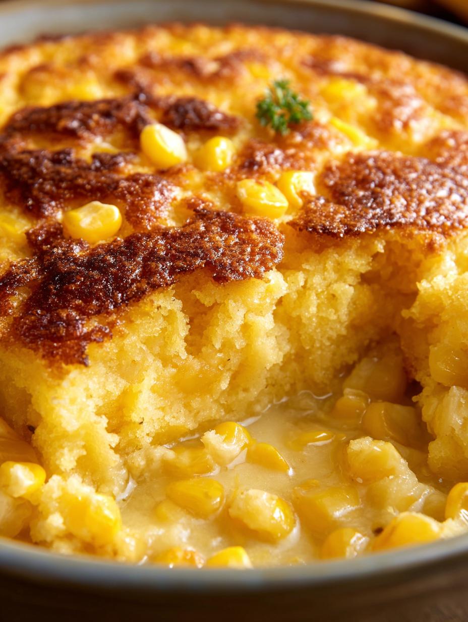 Close-up of a creamy Corn Casserole Side Dish with a golden-brown crust, garnished with fresh parsley.