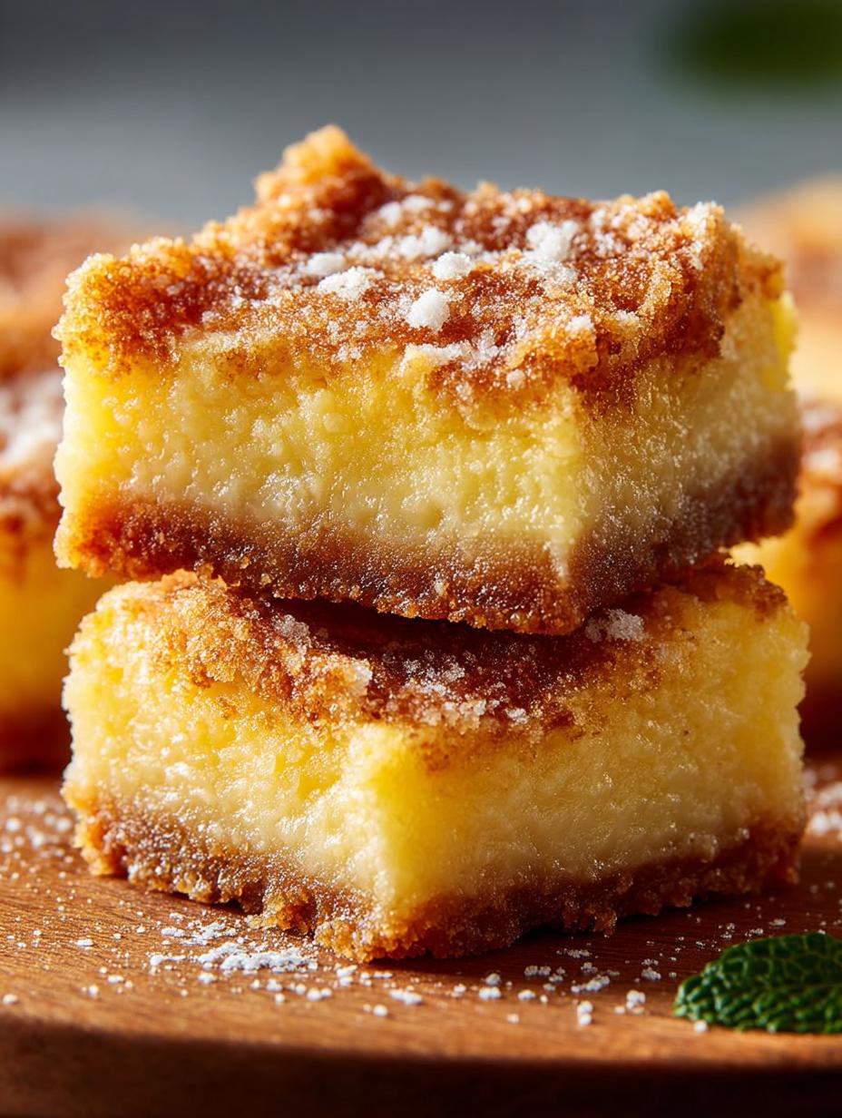 Close-up of a single Ooey Gooey Butter Bar, showing its rich, soft interior and golden crust, dusted with powdered sugar