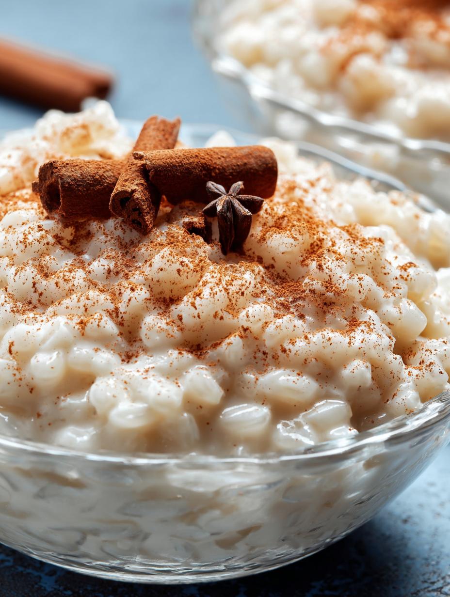Delicious Rice Pudding Vanilla Cinnamon in a bowl with a spoon, garnished with cinnamon, ready to eat.