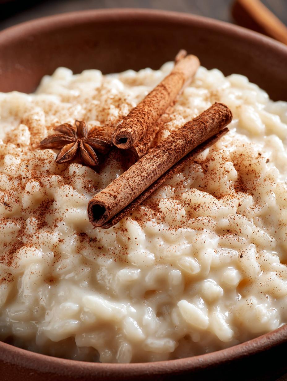 Close-up of creamy Rice Pudding Vanilla Cinnamon in a bowl, topped with a cinnamon stick and fresh berries.