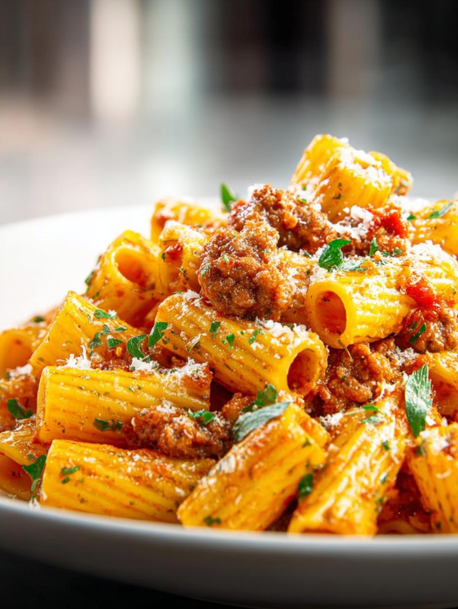 Delicious Rigatoni Sausage pasta dish with rich tomato sauce and savory Italian sausage, ready to serve in a bowl