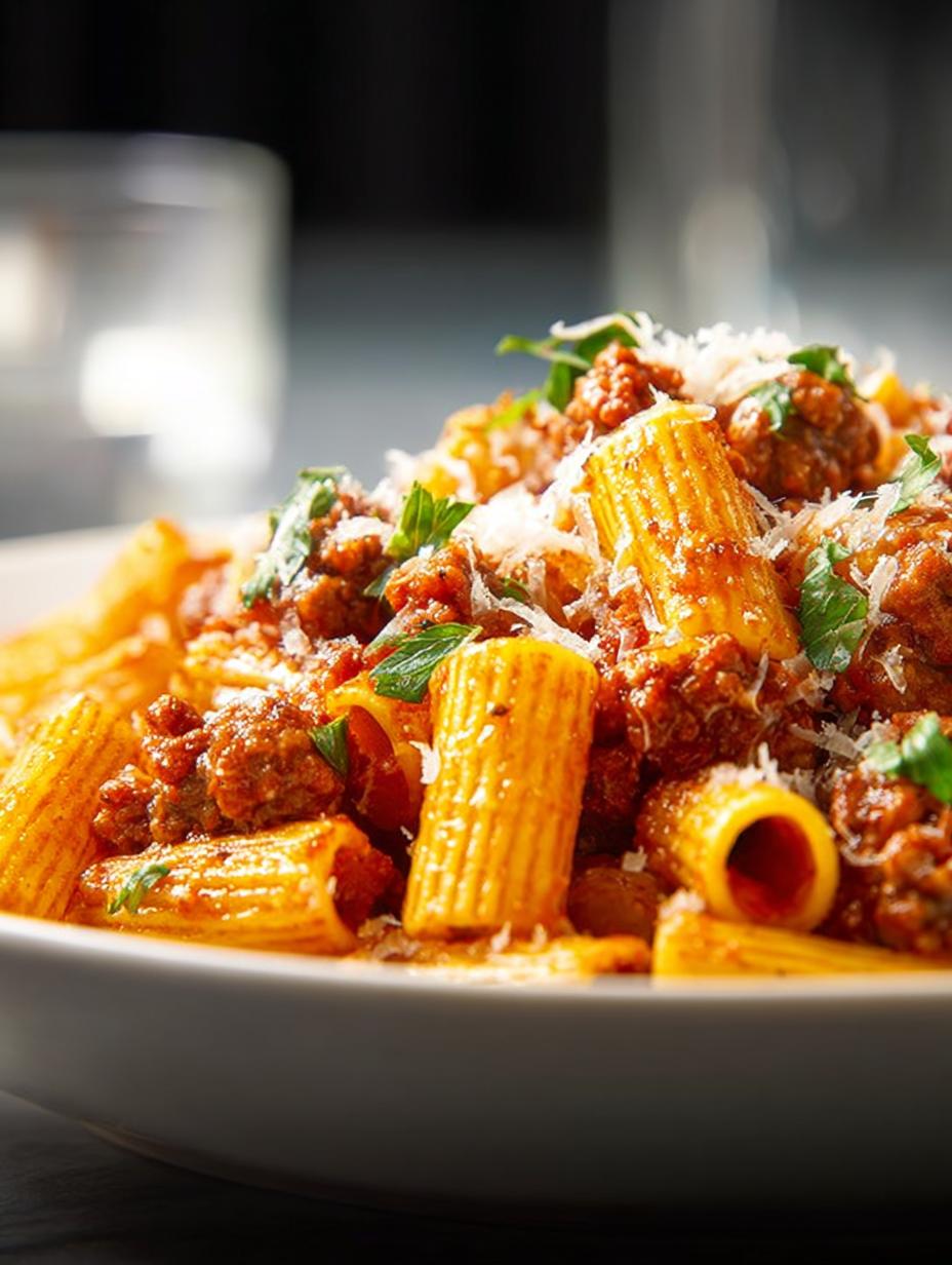 Close-up of Rigatoni Sausage in a bowl, garnished with fresh basil and grated Parmesan cheese, showcasing the rich sauce