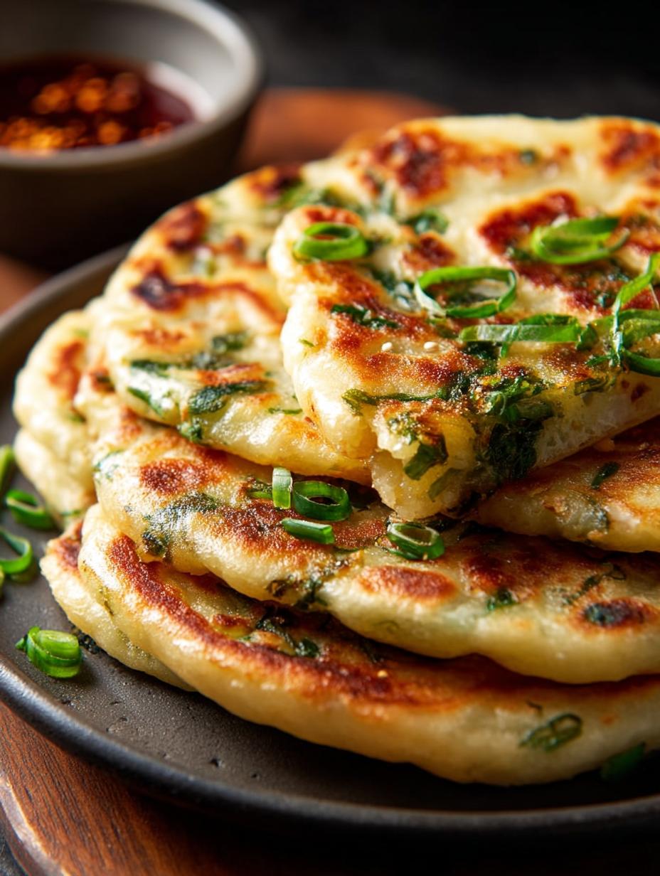 Deliciously crispy Scallion Pancake served hot with a savory dipping sauce, ready to eat