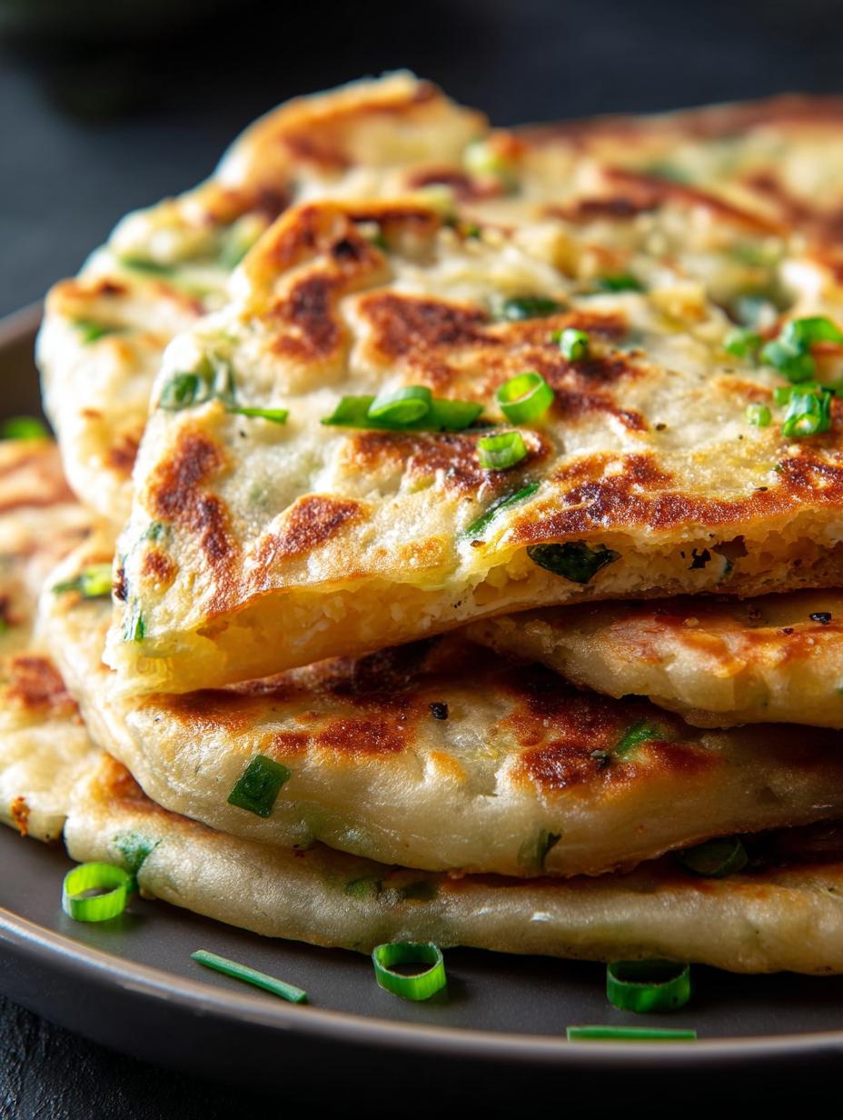 Close-up of a perfectly cooked Scallion Pancake, showing its crispy, golden-brown exterior and flaky layers