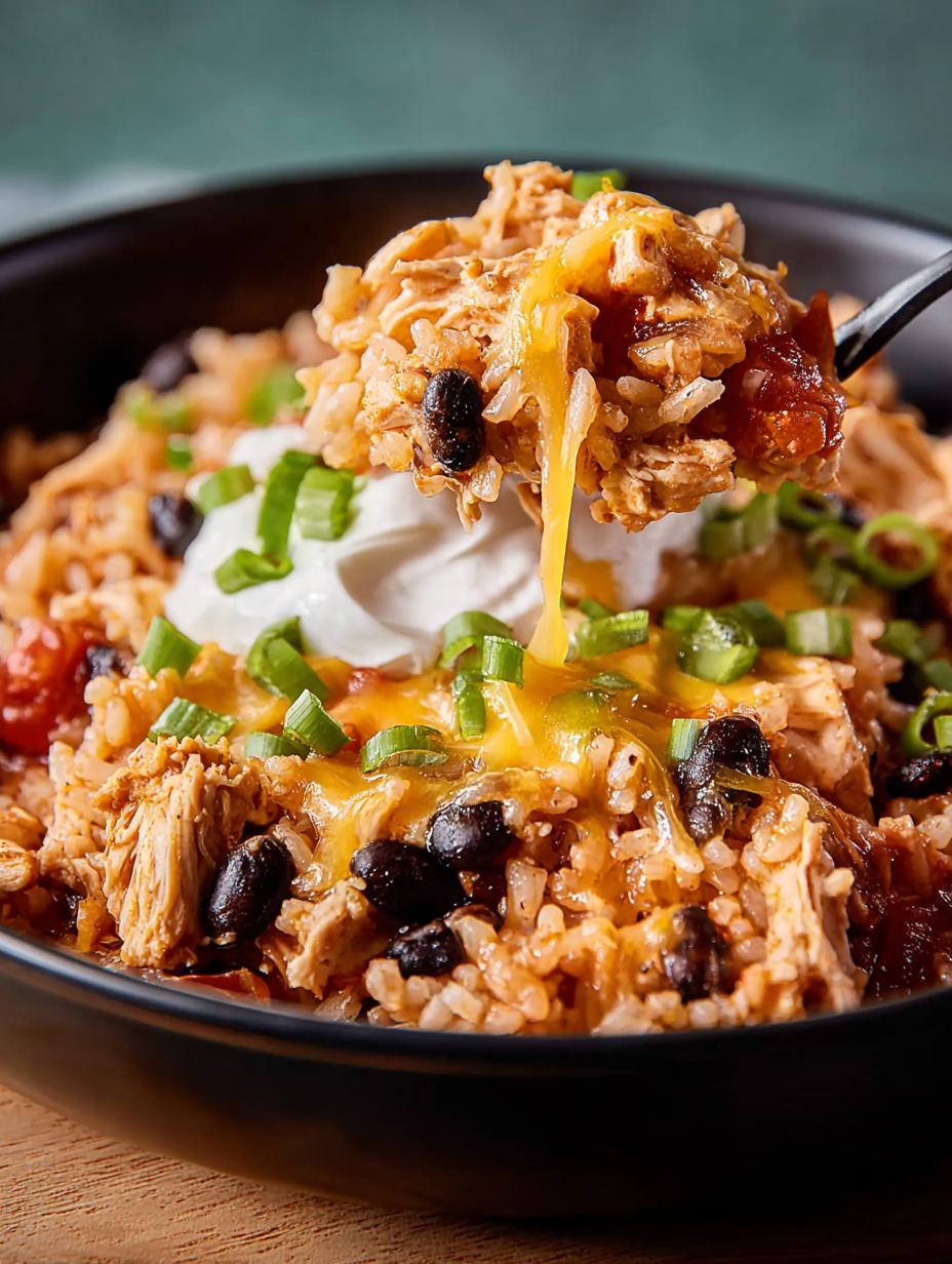 Close-up of shredded Slow Cooker Chicken Burrito filling with melted cheese and rice