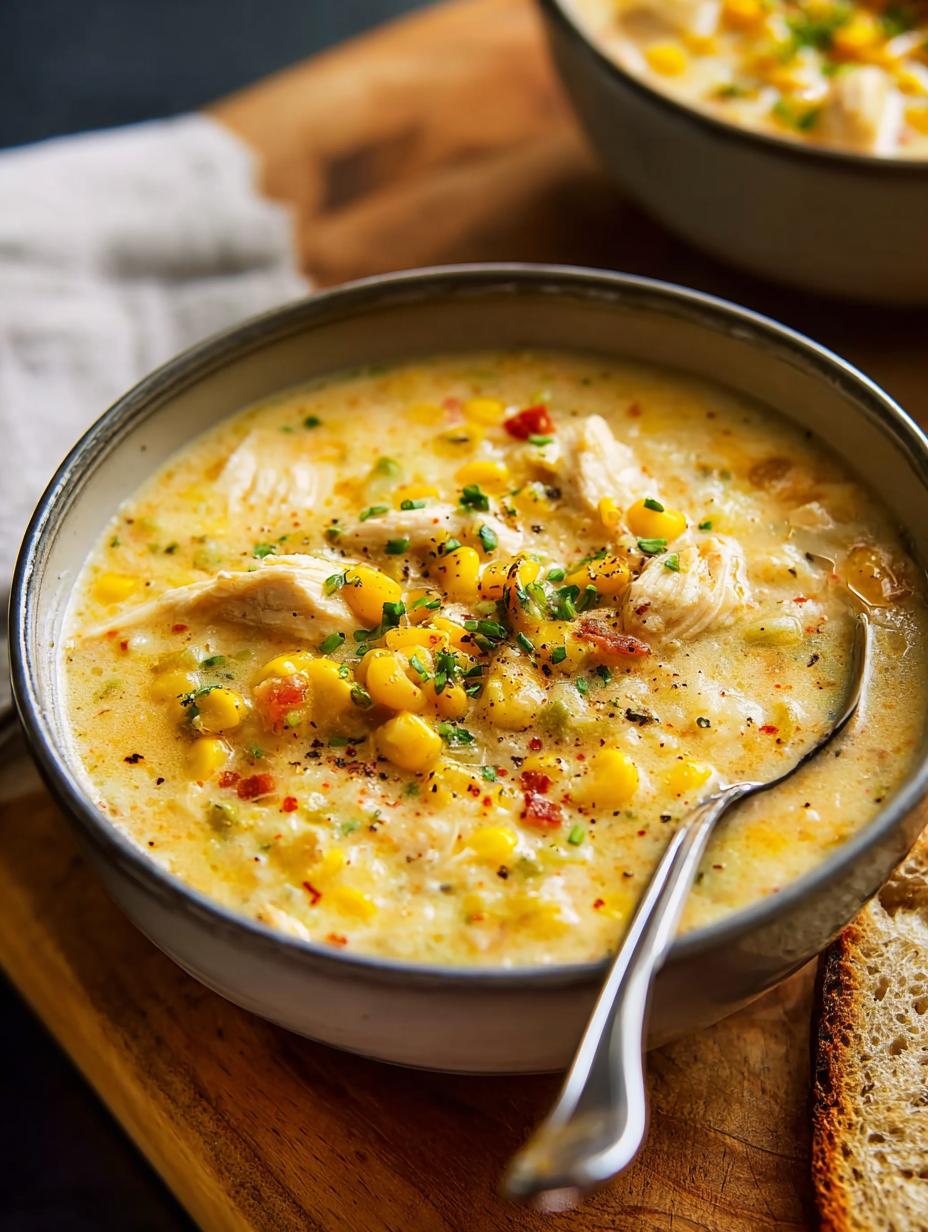 Delicious Slow Cooker Chicken Corn in a bowl, garnished with fresh herbs, ready to be served as a hearty meal.