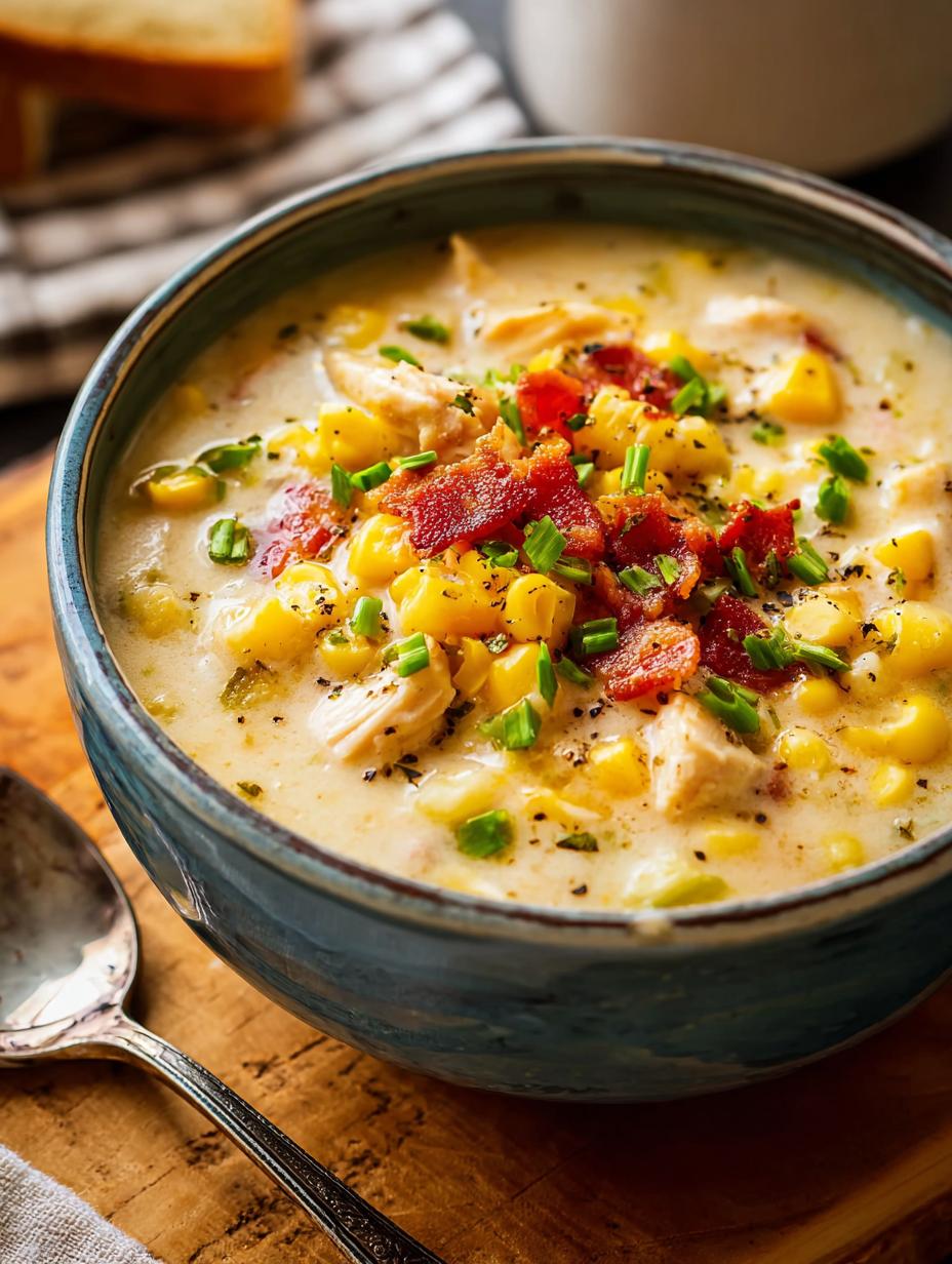 Close-up of creamy Slow Cooker Chicken Corn in a bowl, showing tender chicken pieces, sweet corn, and potatoes, garnished with fresh parsley.