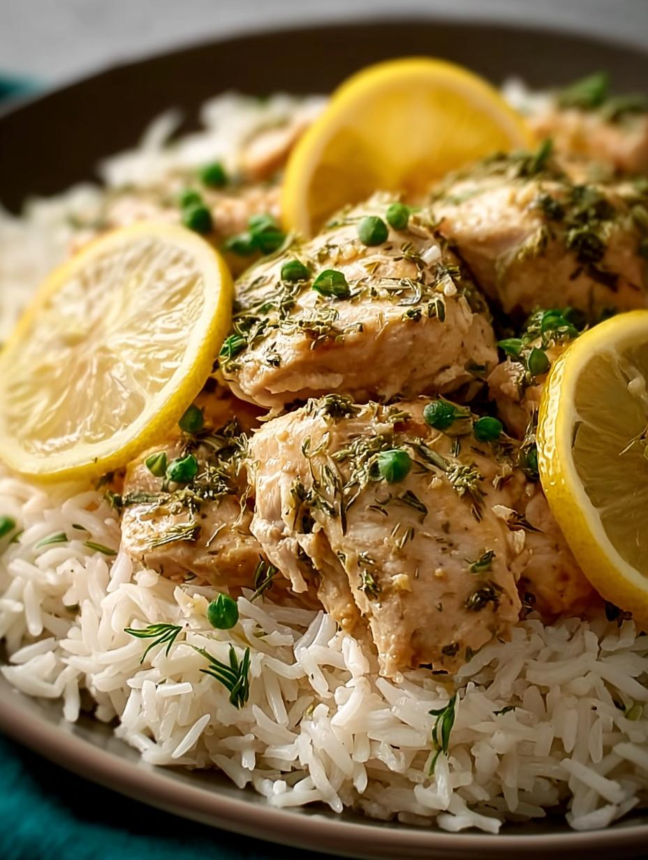 Delicious Slow Cooker Lemon Herb Chicken with rice and fresh parsley in a white bowl