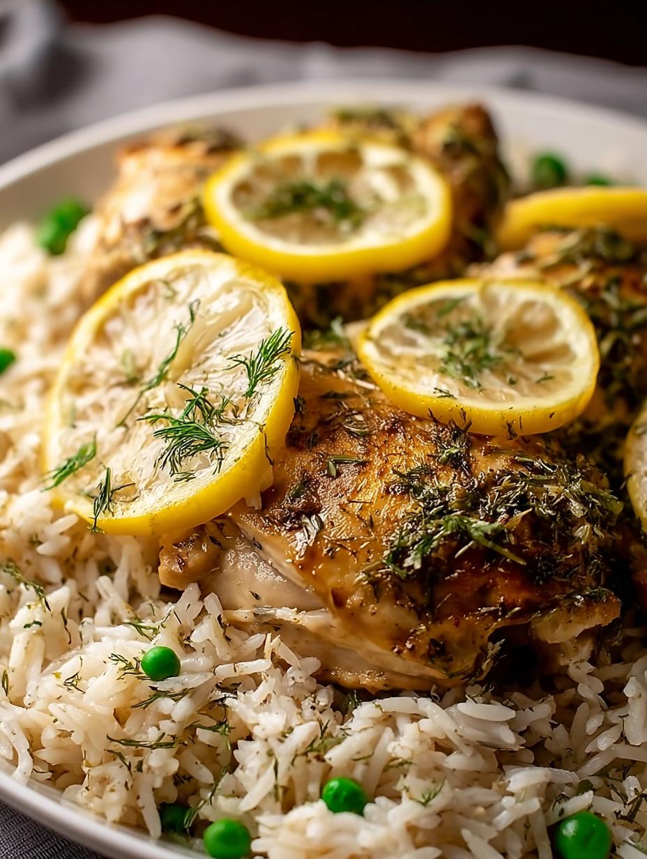 Close-up of Slow Cooker Lemon Herb Chicken and rice in a bowl, garnished with fresh parsley and lemon slices