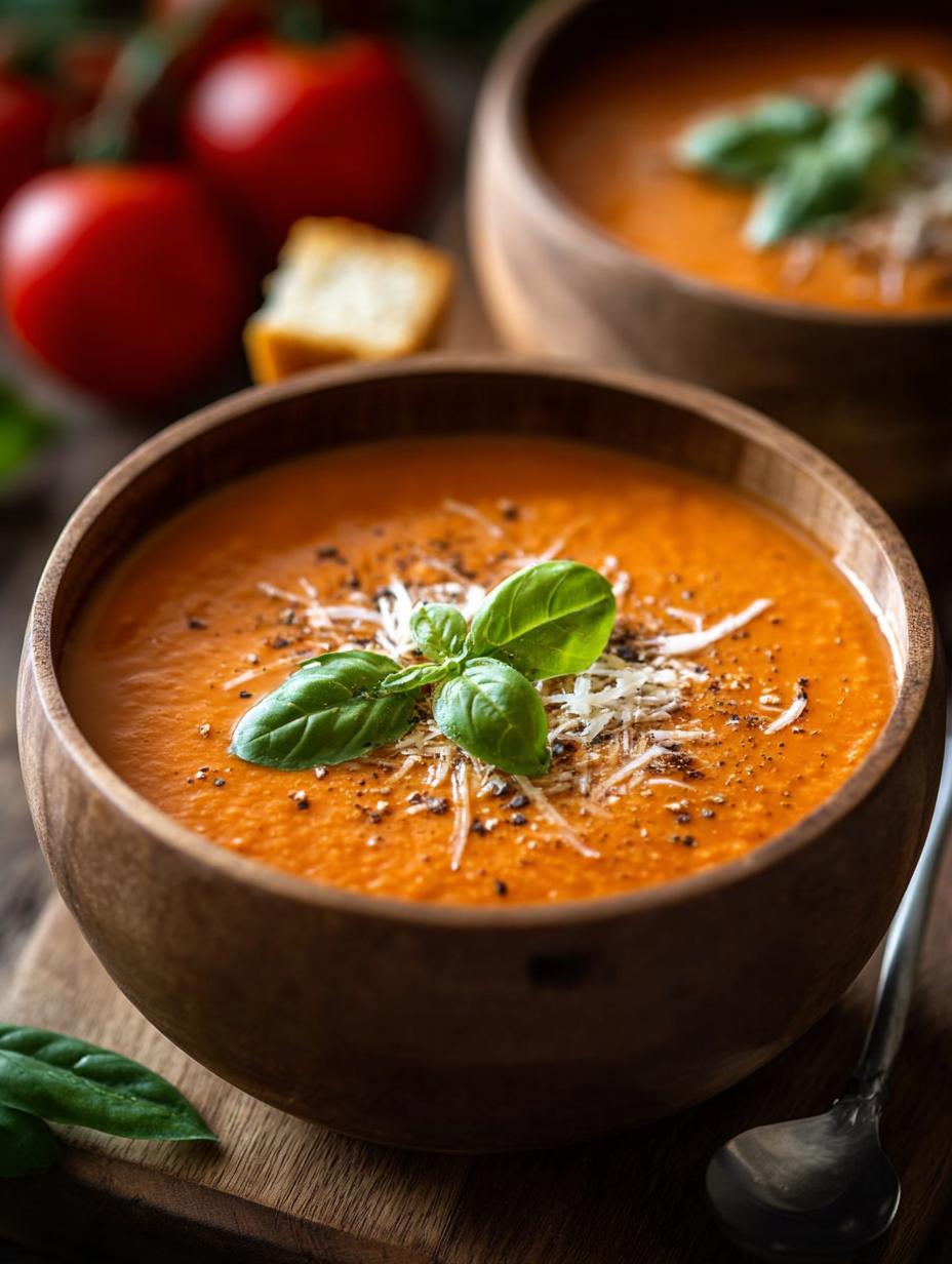 Delicious homemade creamy Tomato Soup in a bowl with fresh basil garnish, perfect for a comforting meal