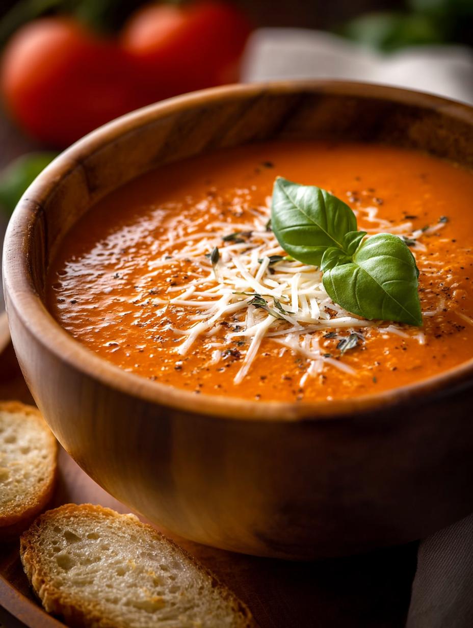 A bowl of creamy Tomato Soup garnished with fresh basil, served alongside a golden grilled cheese sandwich