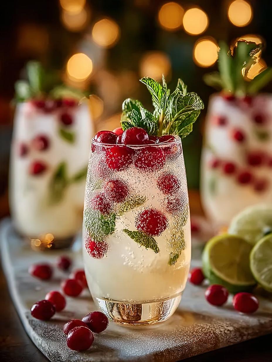 Delicious Non Alcoholic White Christmas mocktail garnished with mint and cranberries