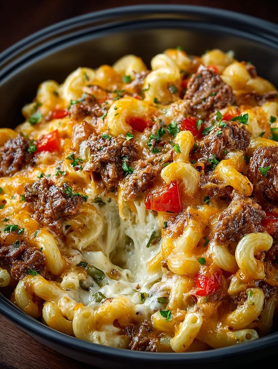 Delicious Crockpot Philly Cheesesteak Mac Recipe - Crockpot Philly Cheesesteak Mac - main visual representation