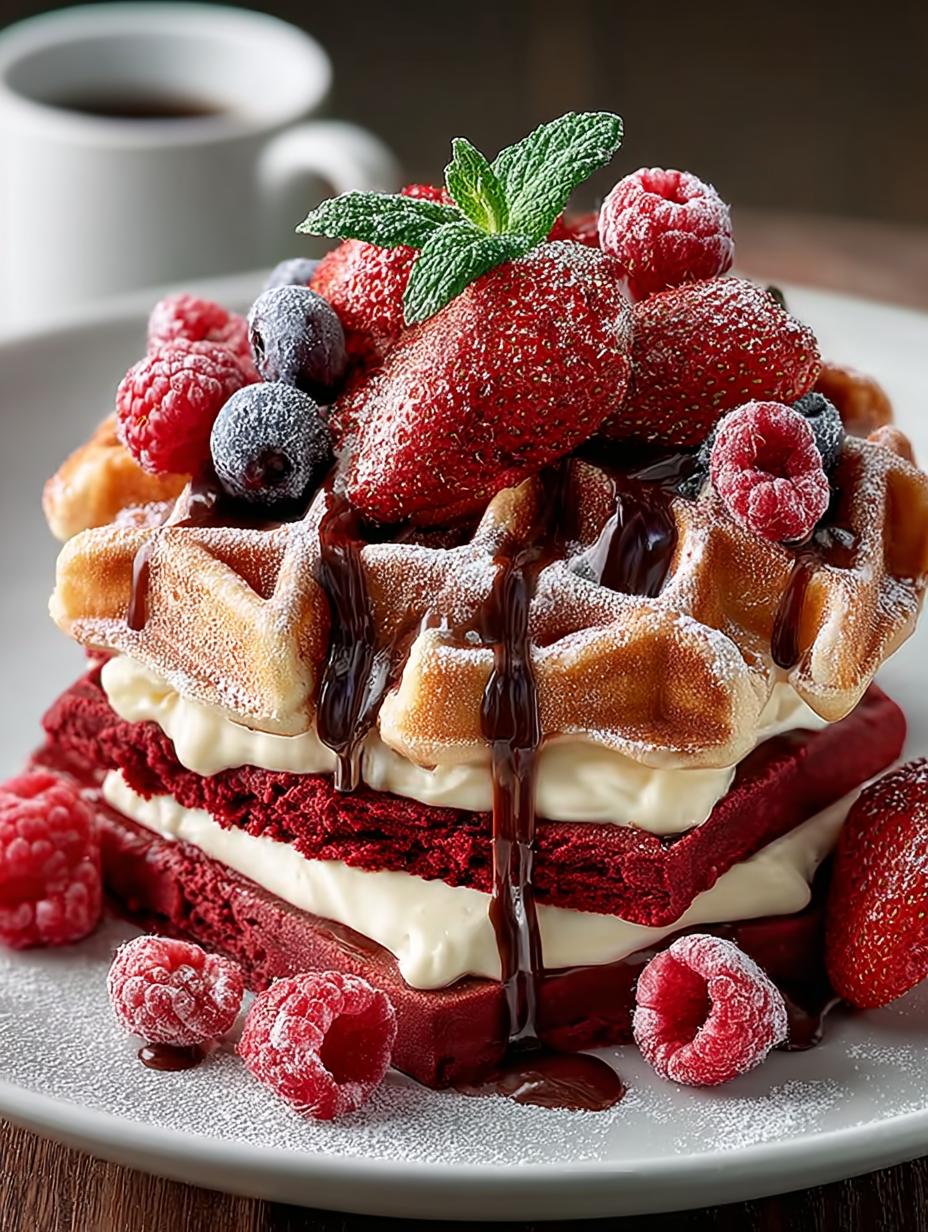 Irresistible Red Velvet Marble Waffles served with cream cheese icing