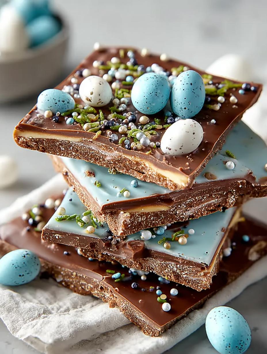 Irresistible Robin Egg Easter Bark pieces on a colorful plate