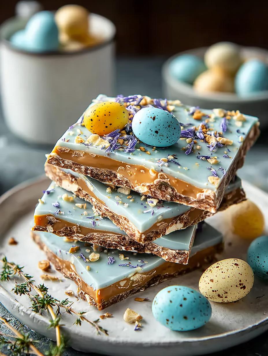 Colorful Robin Egg Easter Bark with sprinkles and candy drizzle